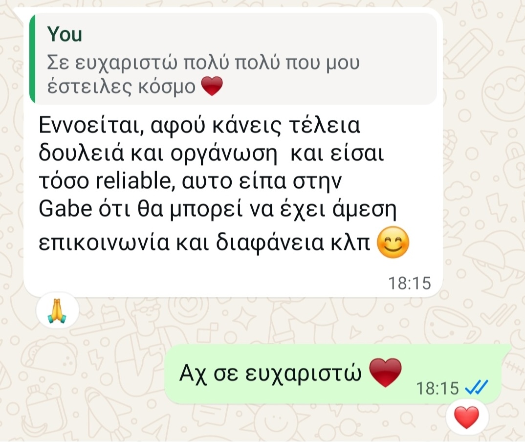 Long WhatsApp message from Efthychia describing an incredible trip